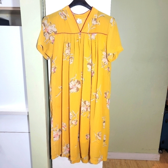Dresses & Skirts - Vintage Mustard Yellow Floral Sheer Midi Dress Small Medium